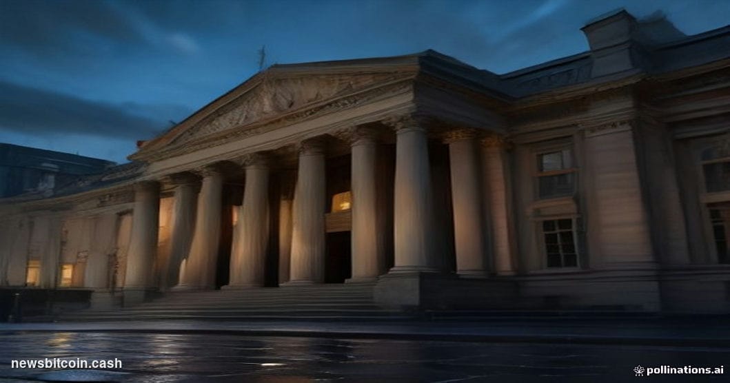 Cinematic photorealistic editorial photograph of the Central Bank of Ireland's imposing neoclassical stone facade on Dame Str