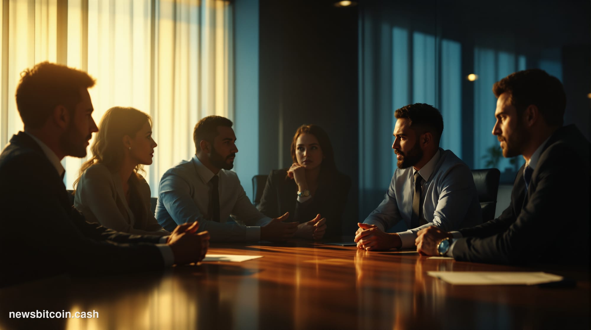 A cinematic photorealistic editorial photograph showing a modern glass-walled conference room during a tense boardroom meetin