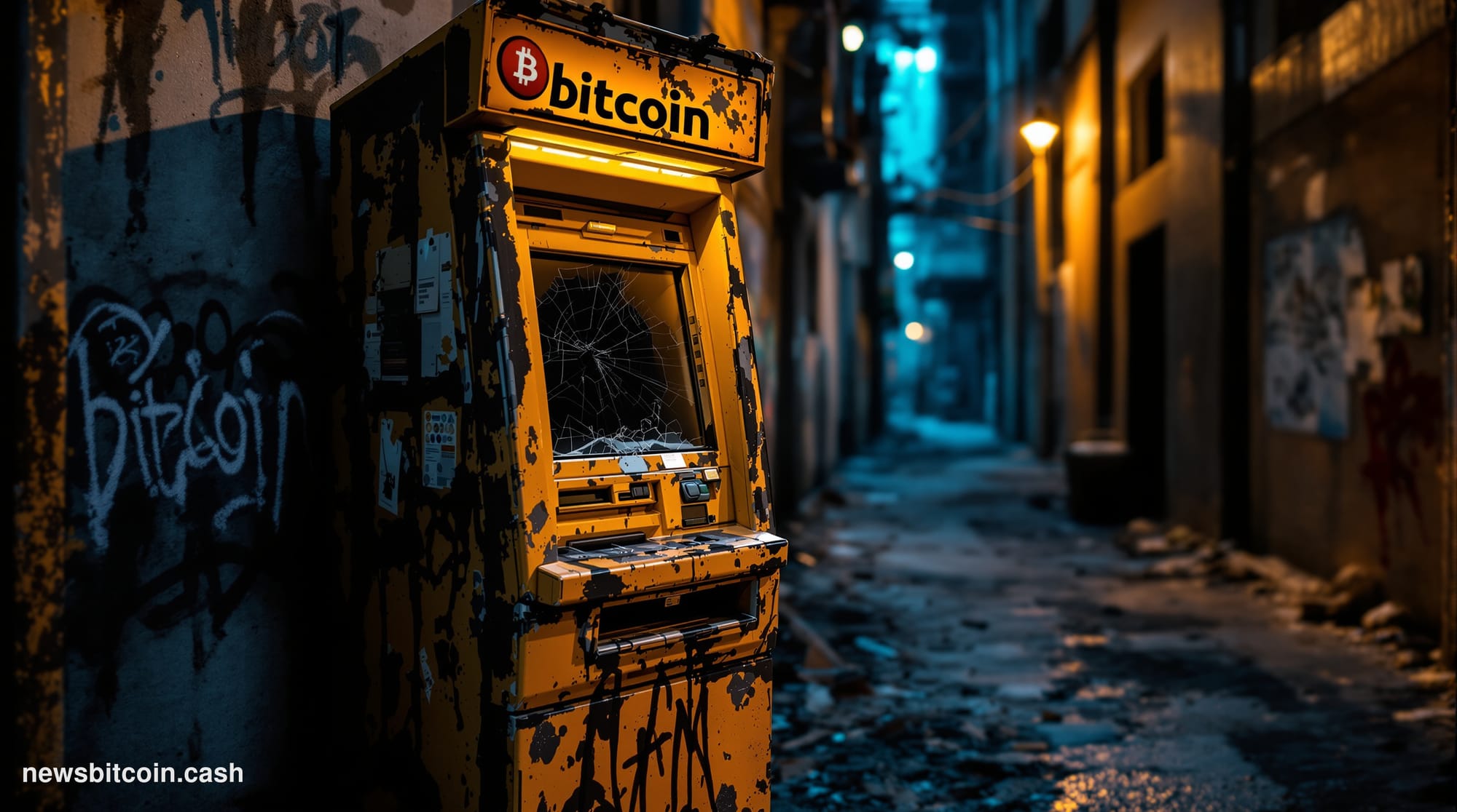 A cinematic photorealistic editorial photograph showing a Bitcoin ATM kiosk in an abandoned or closing retail location, shot 
