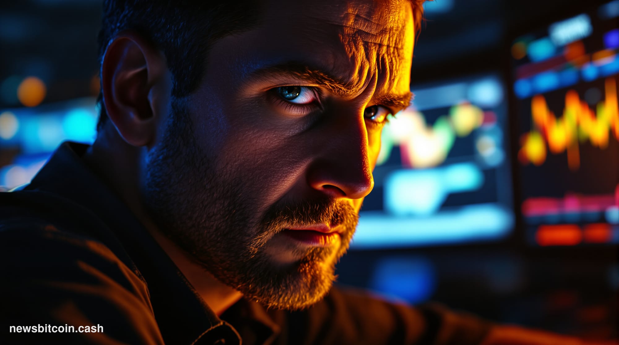 A dramatic cinematic photorealistic editorial photograph showing a massive electronic trading floor or financial district at 