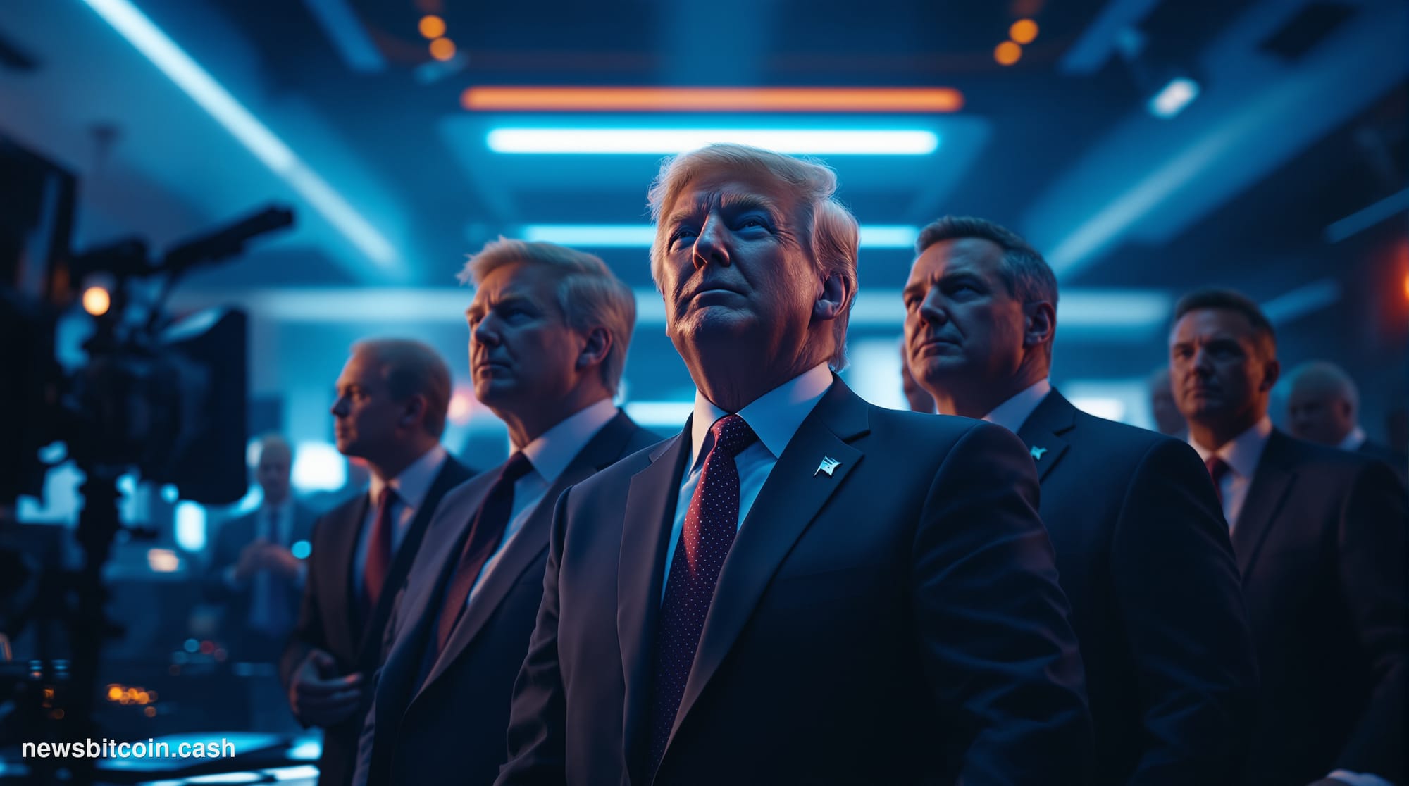 A cinematic photorealistic editorial photograph capturing the intersection of cryptocurrency and American politics during ele