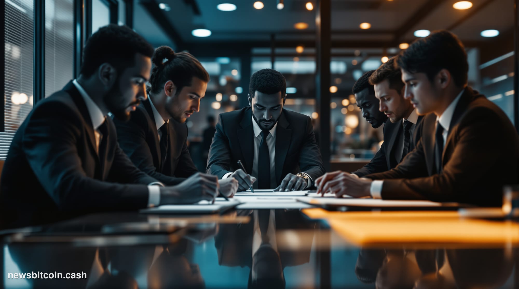 A cinematic photorealistic editorial photograph showcasing the intersection of traditional finance and cryptocurrency regulat