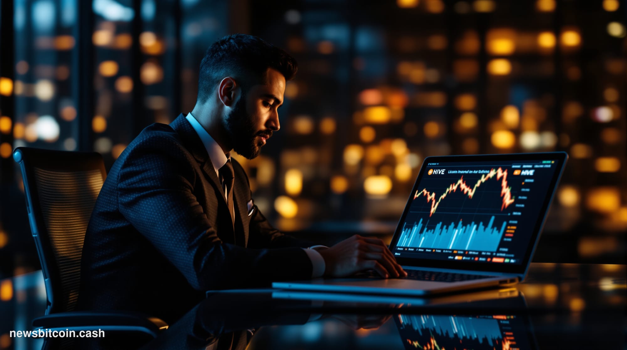 A cinematic photorealistic editorial photograph of a modern cryptocurrency mining facility transitioning to AI computing infr