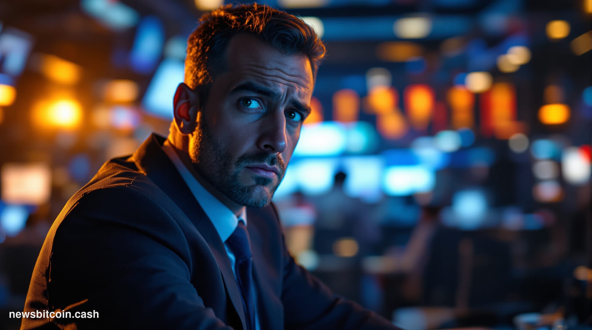 A cinematic photorealistic editorial photograph showing a modern cryptocurrency exchange trading floor in crisis mode, with m