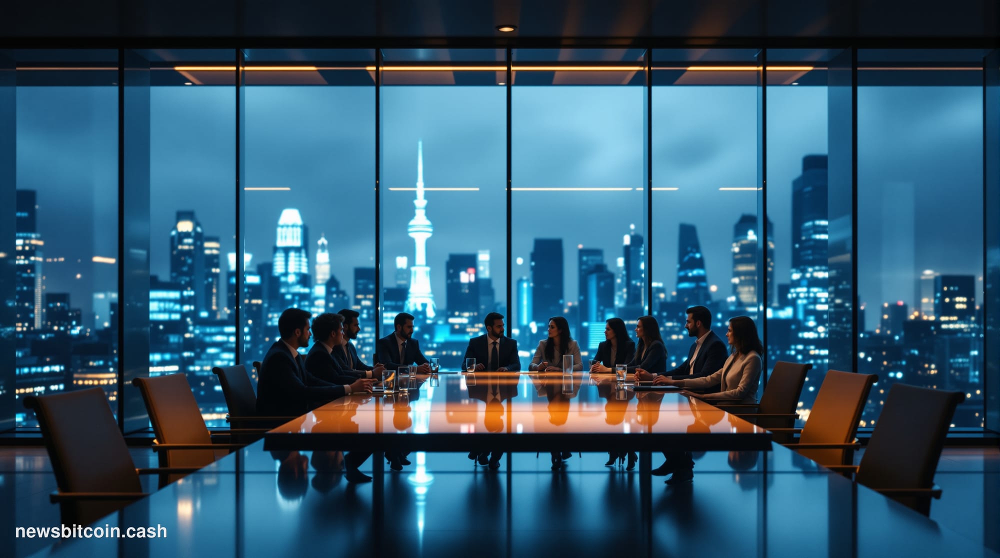 Cinematic photorealistic editorial photograph of a modern fintech company headquarters at golden hour, showing a sleek glass 