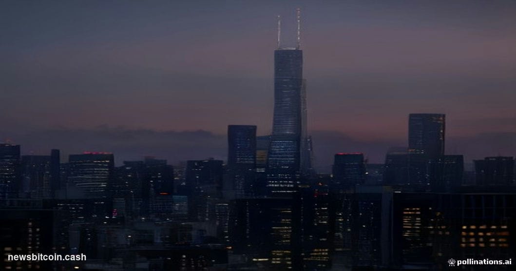 Cinematic photorealistic editorial photograph of the Tokyo financial district skyline at dusk, with the headquarters towers o