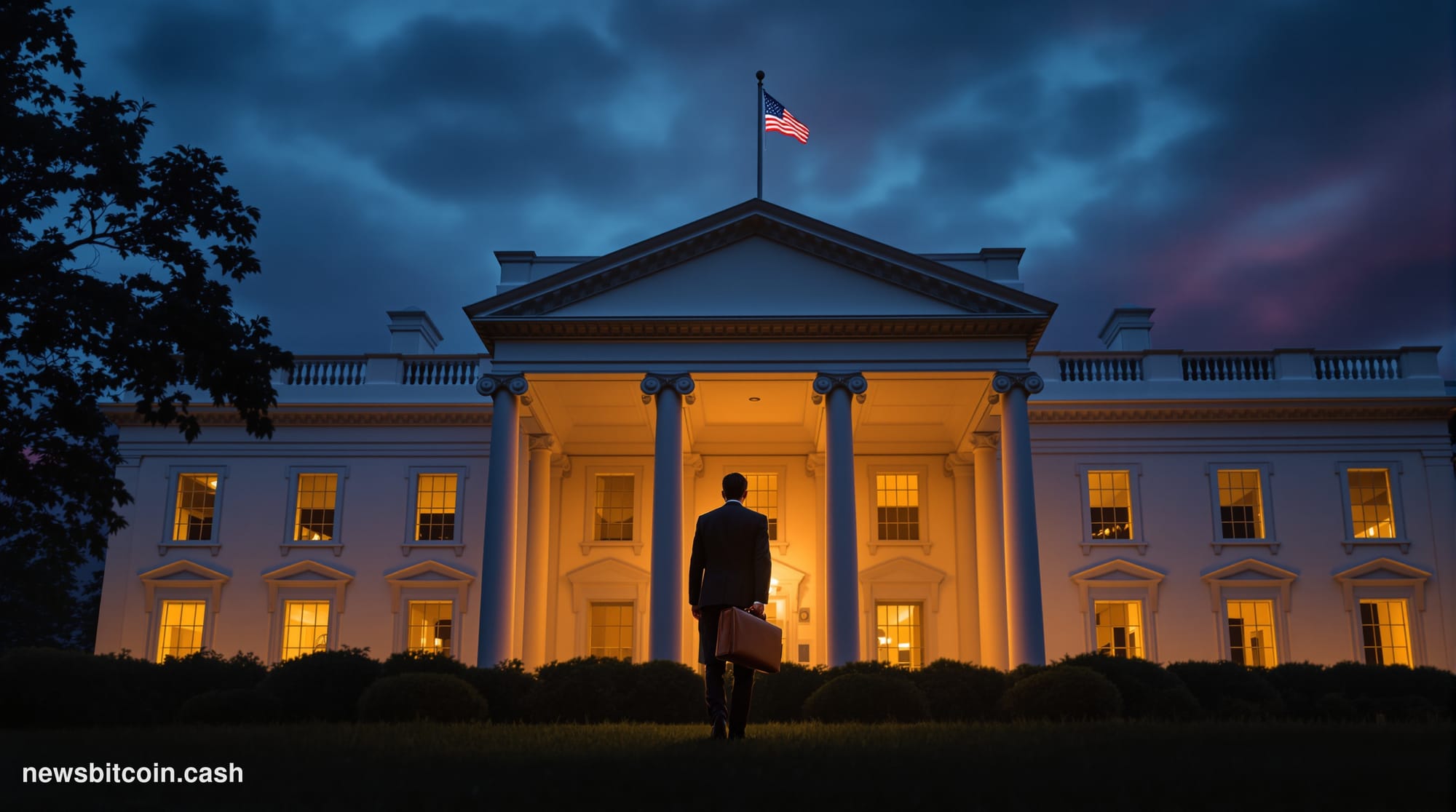 Cinematic photorealistic editorial photograph of the White House's West Wing exterior at dusk, shot from a low angle looking 