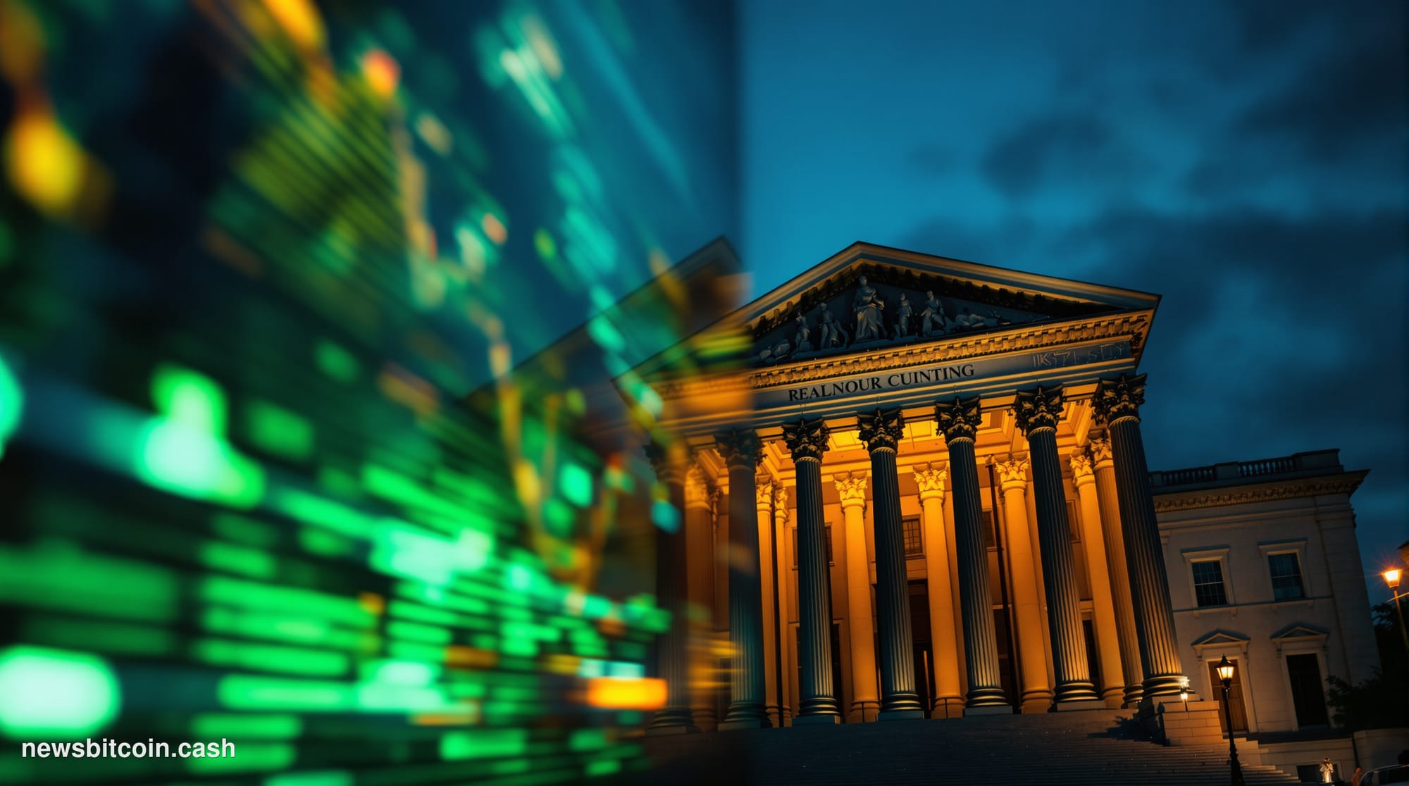 Cinematic photorealistic editorial photograph of the U.S. Treasury Department building in Washington D.C., shot at dusk from 