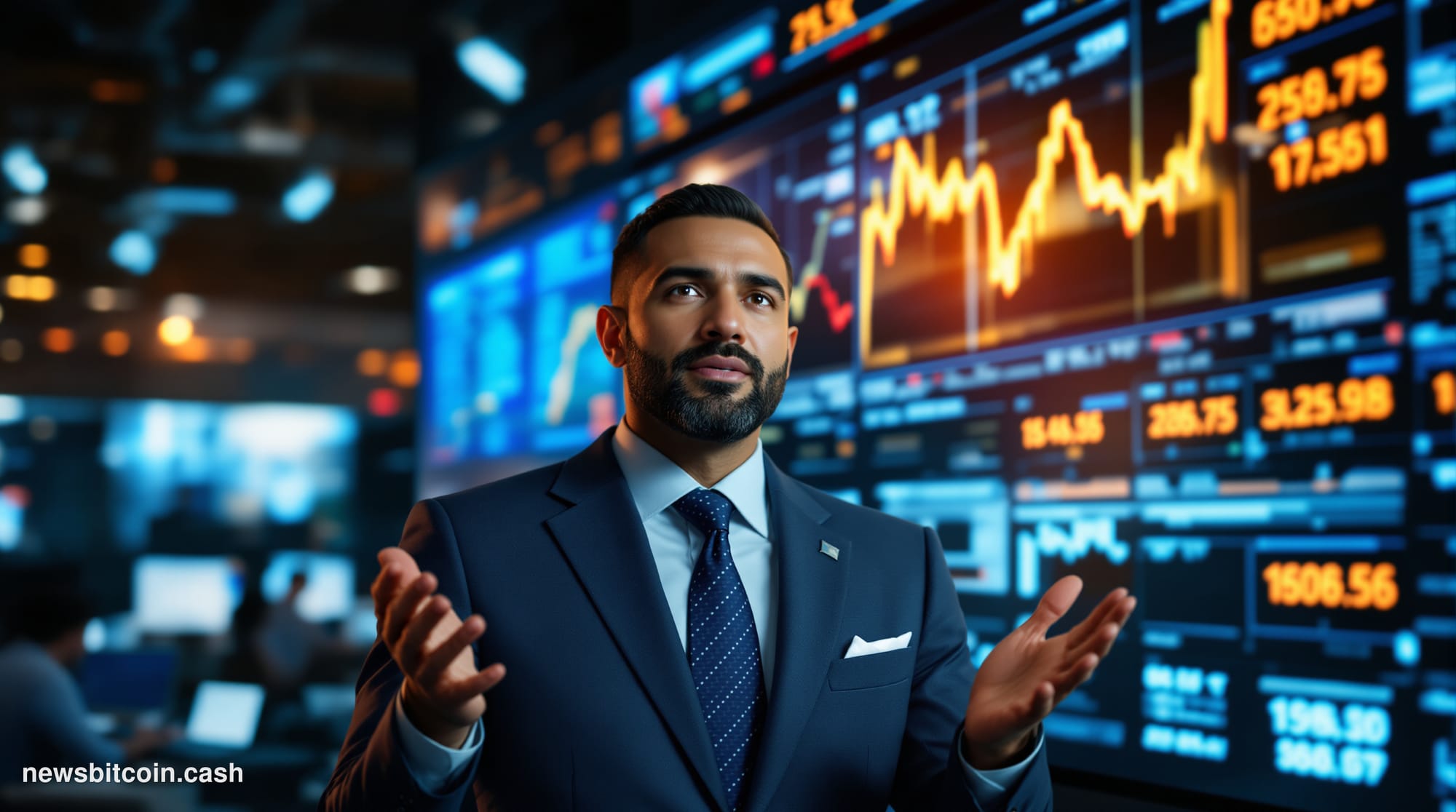 Cinematic photorealistic editorial photograph of a Wall Street trading floor environment at peak market hours, dramatic overh