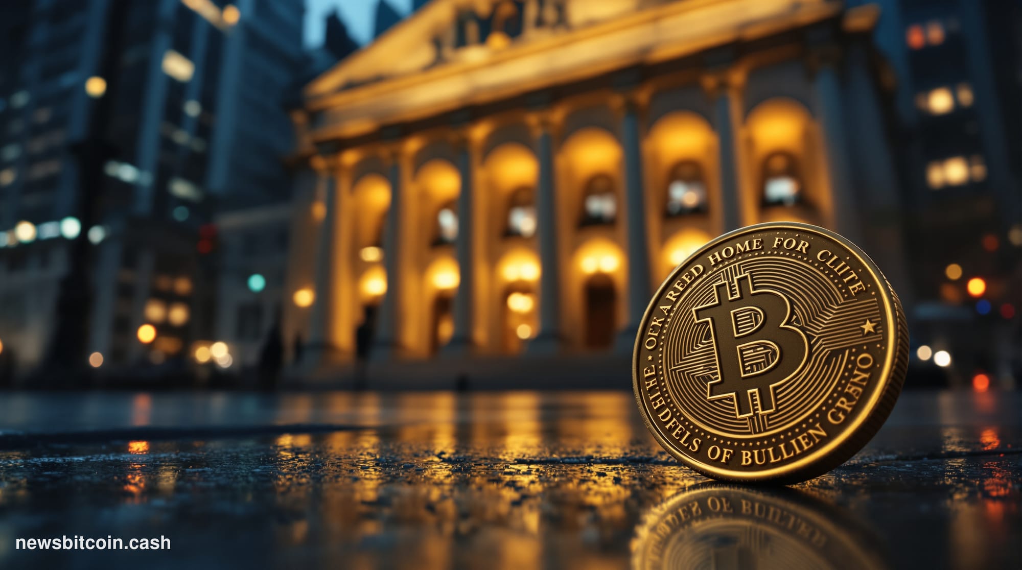 Cinematic photorealistic editorial photograph of the New York Federal Reserve building on Liberty Street, Manhattan, shot fro