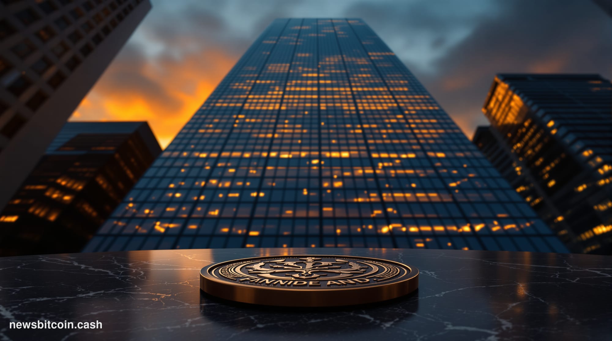 A cinematic photorealistic editorial photograph of the J.P. Morgan headquarters tower in Midtown Manhattan, shot from a low a