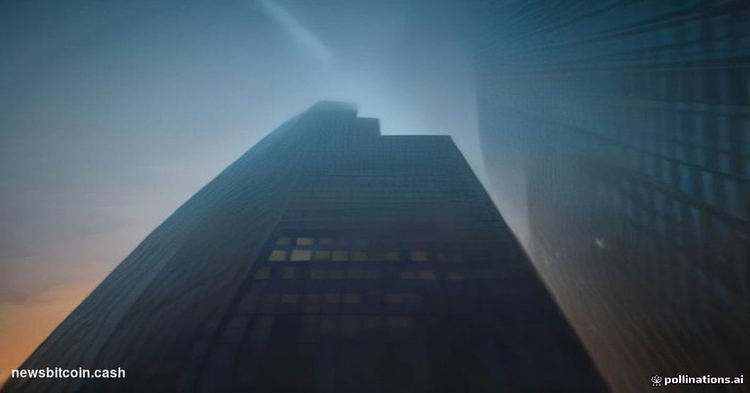 Cinematic photorealistic editorial photograph of JPMorgan Chase's Manhattan headquarters tower at dusk, shot from a low-angle