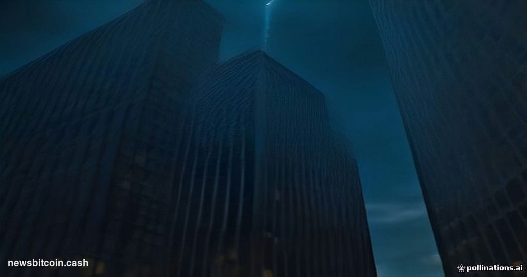 Cinematic photorealistic editorial photograph of JPMorgan Chase's Manhattan headquarters tower at dusk, shot from a low angle