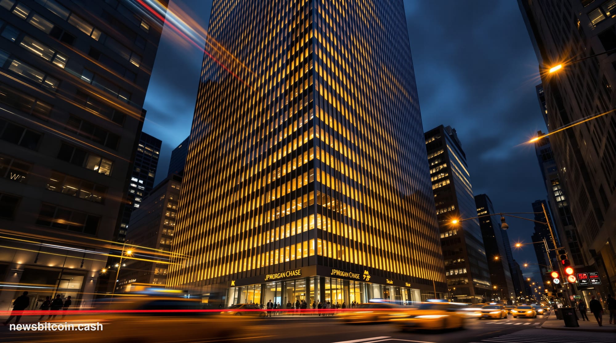 Cinematic photorealistic editorial photograph of JPMorgan Chase's iconic Midtown Manhattan headquarters tower at dusk, shot f