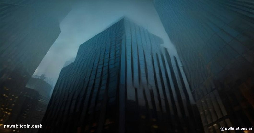 Cinematic photorealistic editorial photograph of JPMorgan's glass-and-steel Manhattan headquarters tower at dusk, shot from a