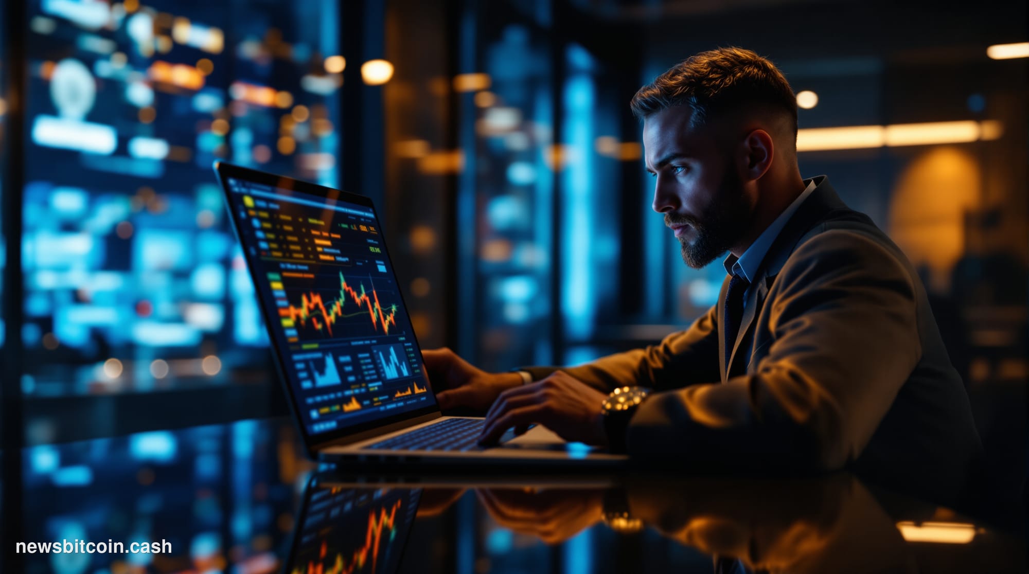 Cinematic photorealistic editorial photograph of a Wall Street trading floor environment at dawn, dramatic low golden light r