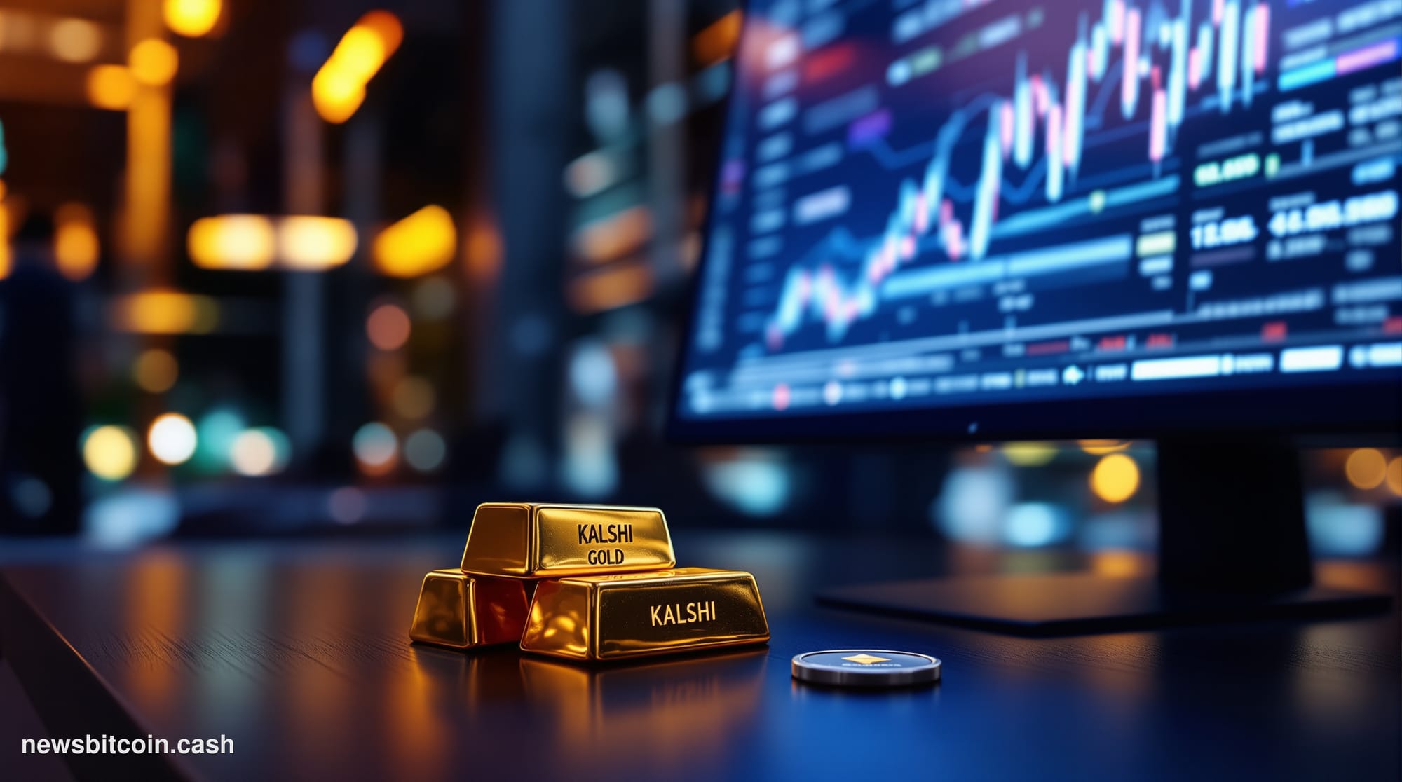 Cinematic photorealistic editorial photograph of a Kalshi-branded trading terminal screen displaying rapidly updating gold pr
