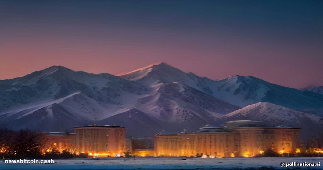 Cinematic photorealistic editorial photograph of Almaty's recognizable downtown skyline at dusk, featuring the distinctive sn