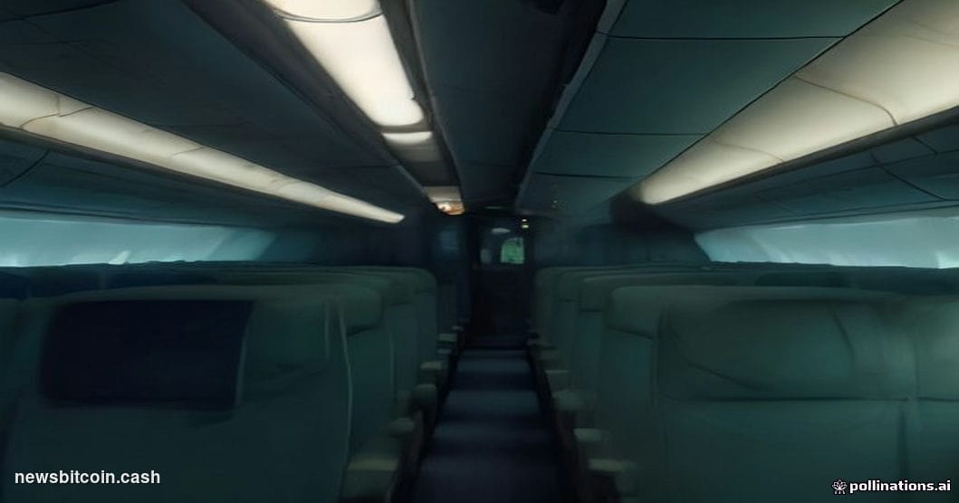 Cinematic photorealistic editorial photograph of a dimly lit, high-altitude airplane cabin shot from the front-center aisle, 