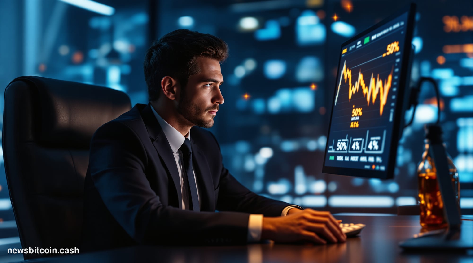Cinematic photorealistic editorial photograph of the Tokyo Stock Exchange trading floor interior, shot from a low angle looki