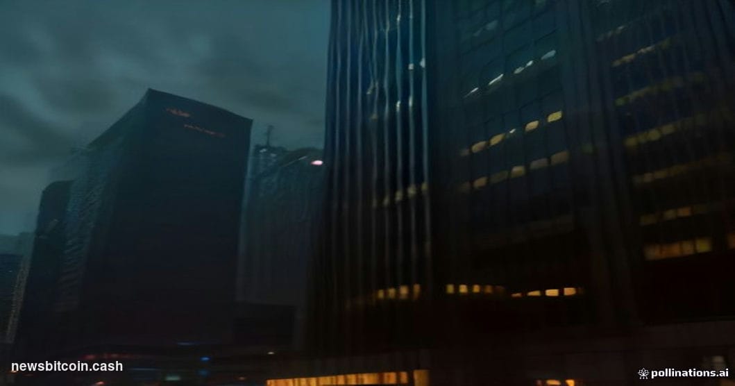 Cinematic photorealistic editorial photograph shot at ground level looking up at the illuminated facade of the Korea Exchange