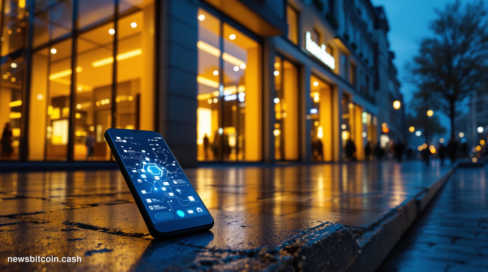 Cinematic photorealistic editorial photograph of a sleek, modern European bank branch exterior at dusk, with warm amber inter