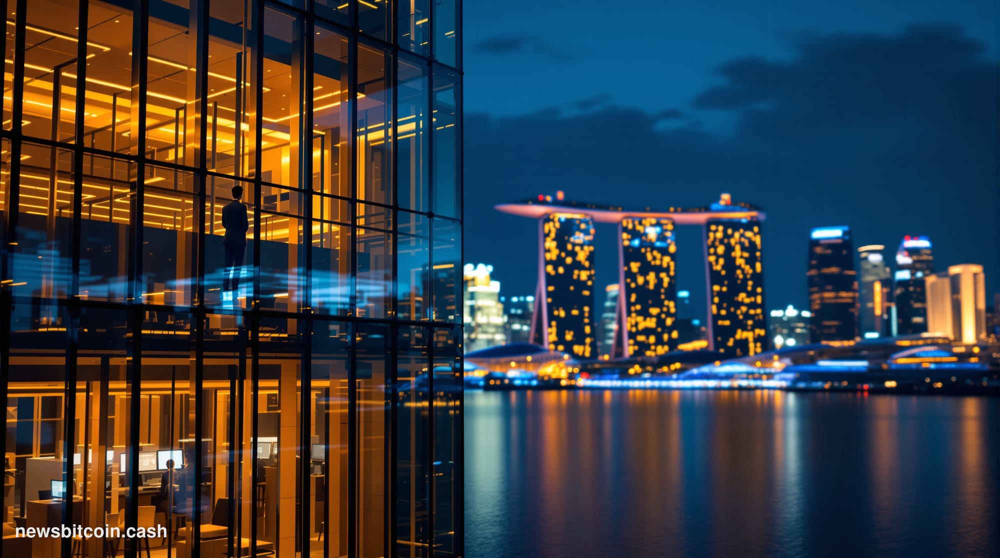 Cinematic photorealistic editorial photograph of the Singapore skyline at night viewed from the waterfront, with the iconic M