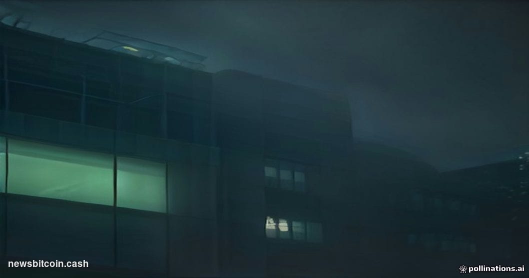 Cinematic photorealistic editorial photograph of Kraken's San Francisco office exterior at dusk, shot from a low angle lookin