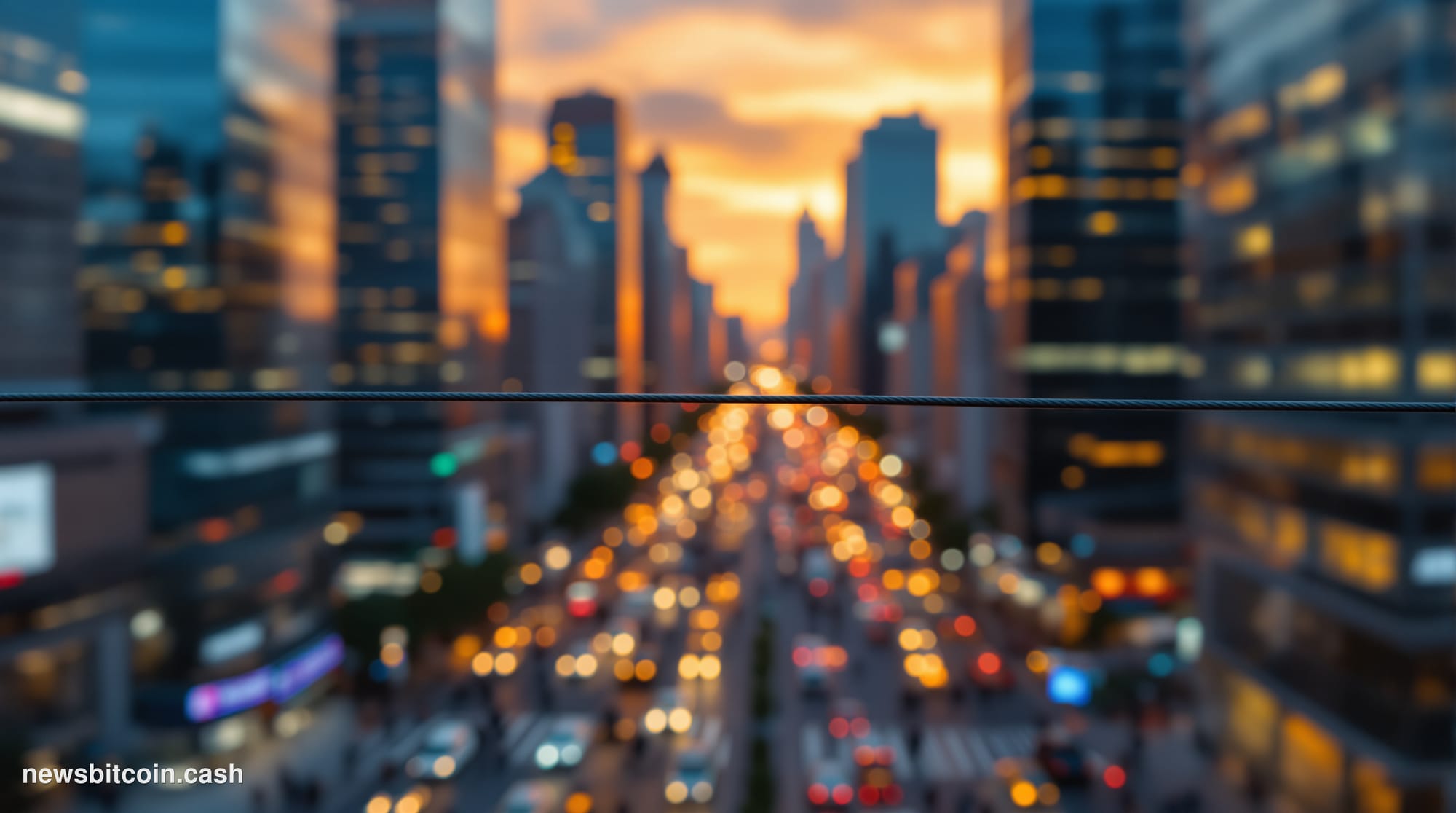 Cinematic photorealistic editorial photograph shot at ground level looking up at a bustling Latin American financial district