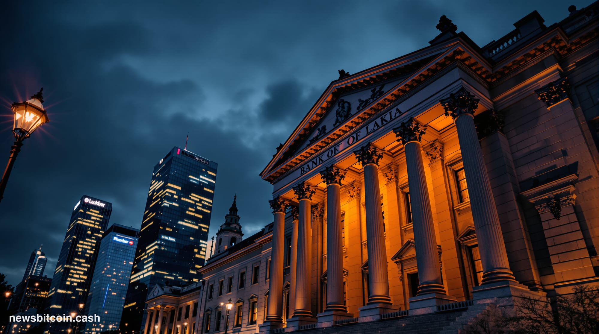 Cinematic photorealistic editorial photograph of Riga, Latvia's historic old town skyline at dusk, with the Bank of Latvia's 