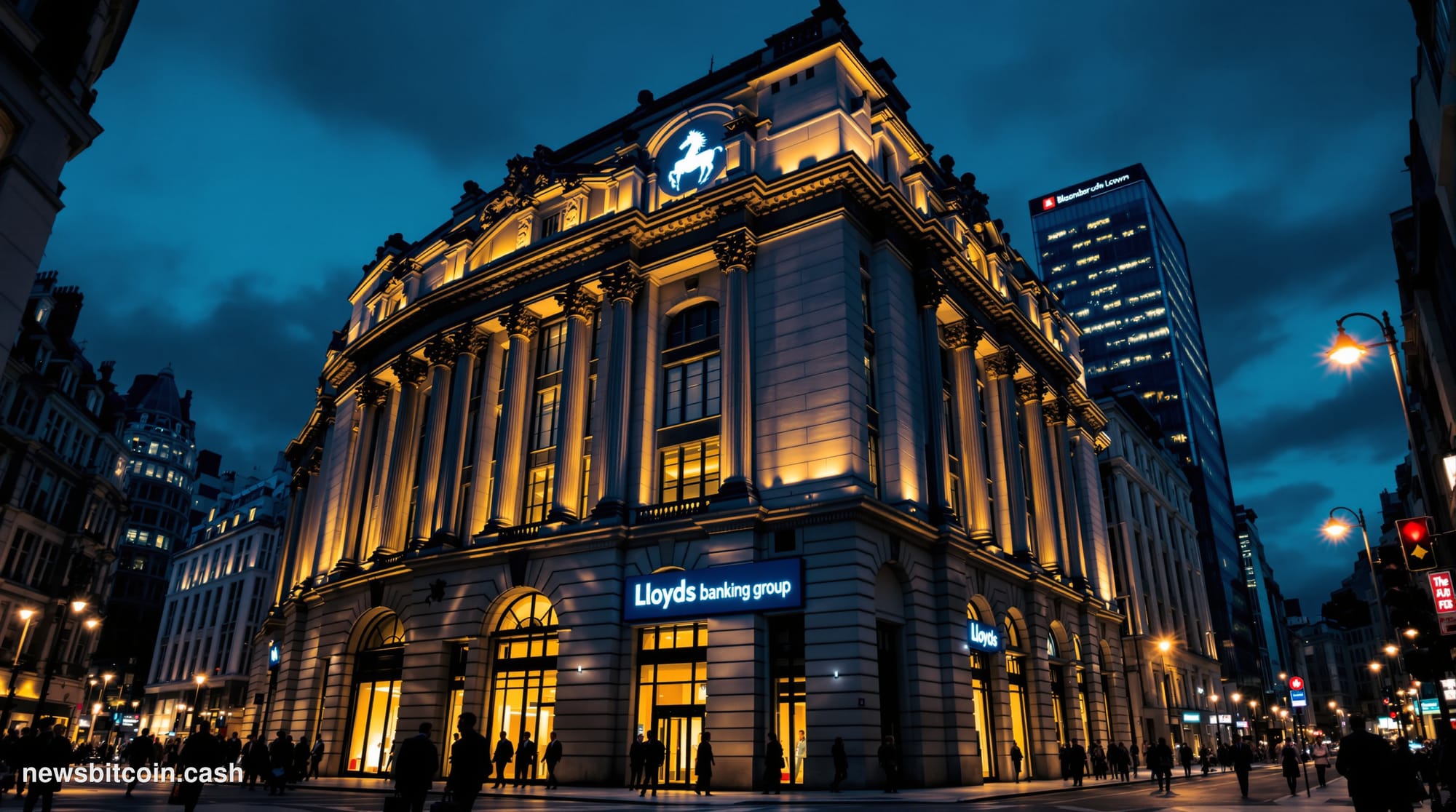 Cinematic photorealistic editorial photograph of the exterior of Lloyds Banking Group's iconic black horse-emblazoned headqua