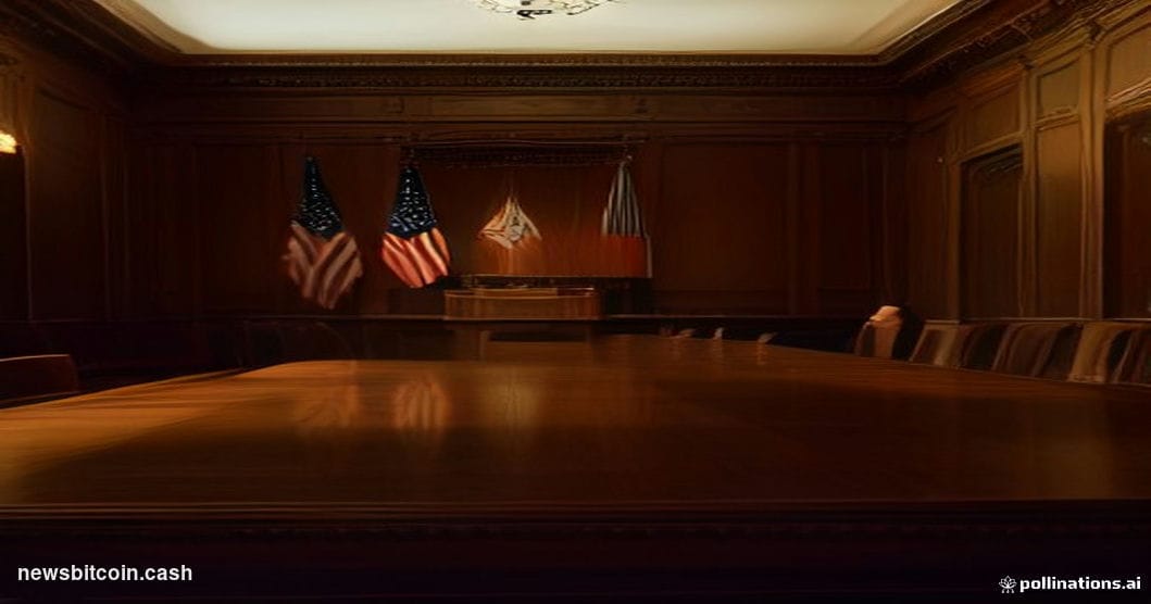 A cinematic photorealistic editorial photograph set inside a grand U.S. Senate hearing chamber, dramatically lit with warm am