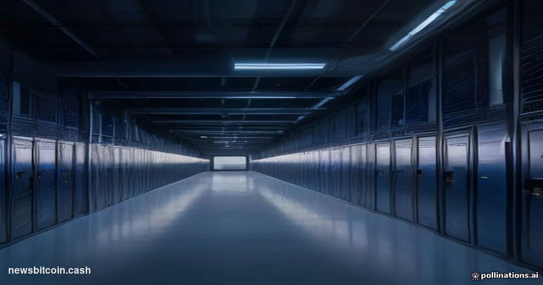 Cinematic photorealistic editorial photograph of a large-scale data center facility at dusk, shot from a low angle looking up