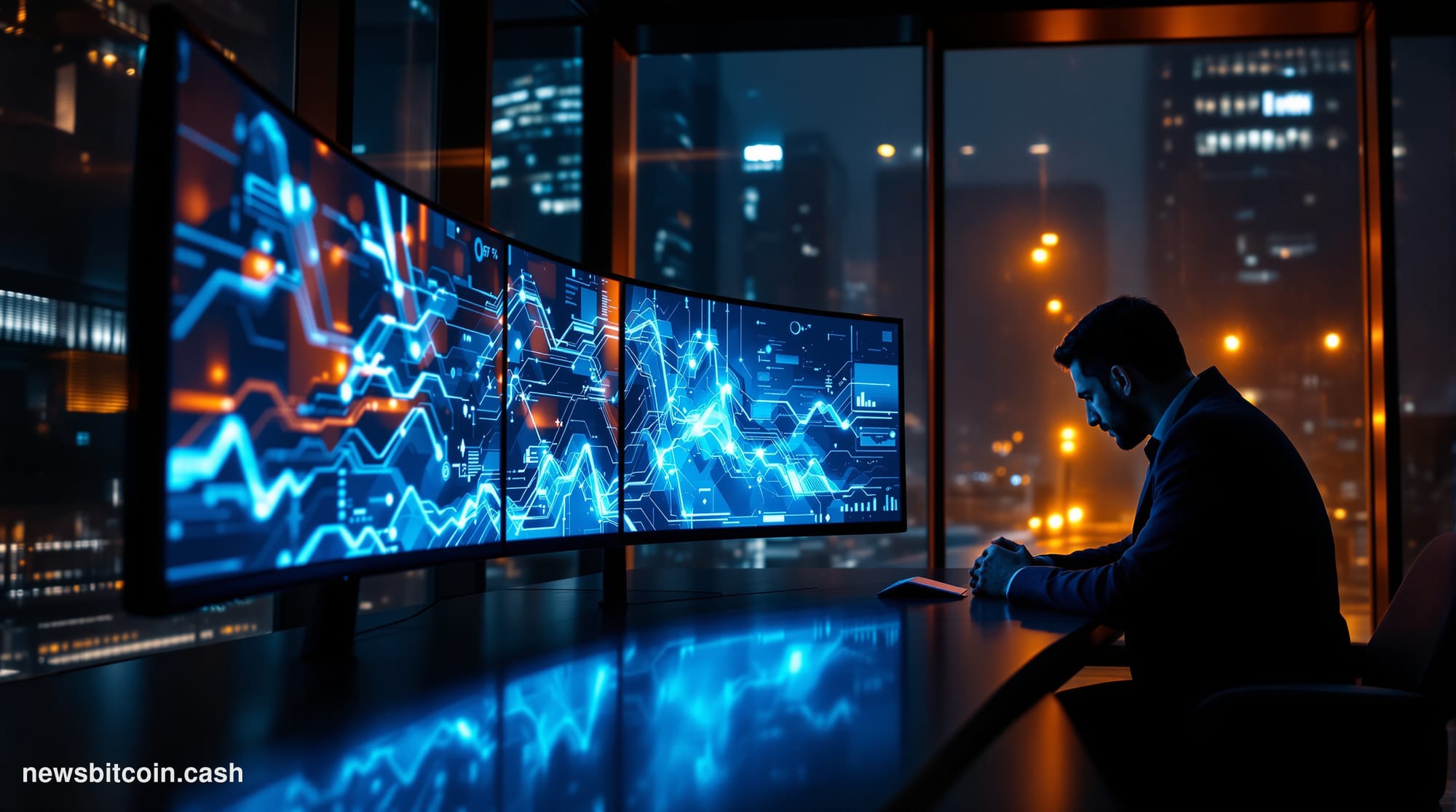 A cinematic photorealistic editorial photograph taken in a dimly lit, high-end trading floor environment at night, with a sin