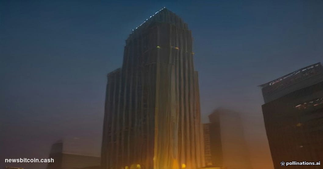 Cinematic photorealistic editorial photograph of the Bank Negara Malaysia headquarters in Kuala Lumpur, shot at dusk from a l