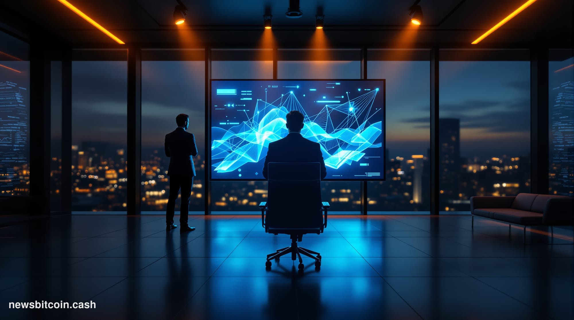 A cinematic photorealistic editorial photograph set inside a sleek, dimly lit corporate boardroom with floor-to-ceiling glass
