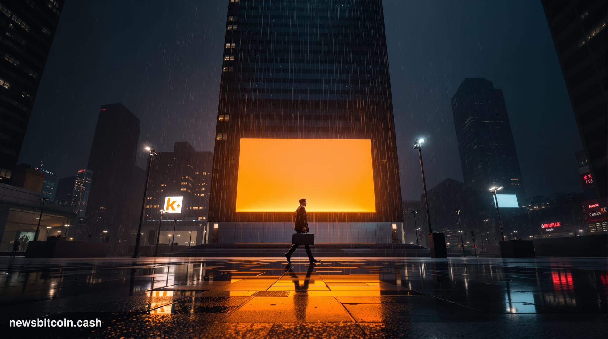 A cinematic photorealistic editorial photograph shot at ground level looking up at a towering digital billboard in a rain-sli