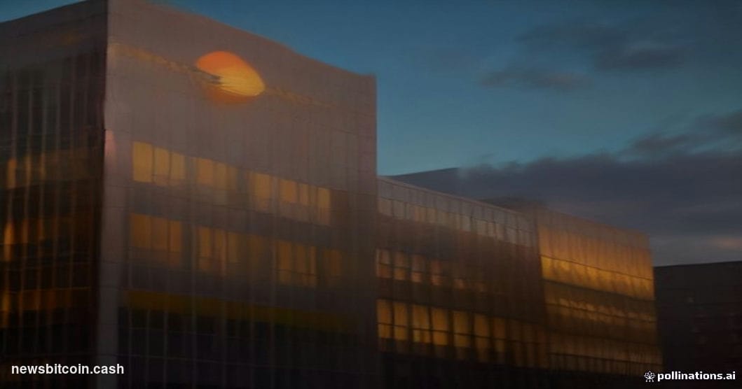 Cinematic photorealistic editorial photograph of Mastercard's corporate headquarters exterior in Purchase, New York, shot at 