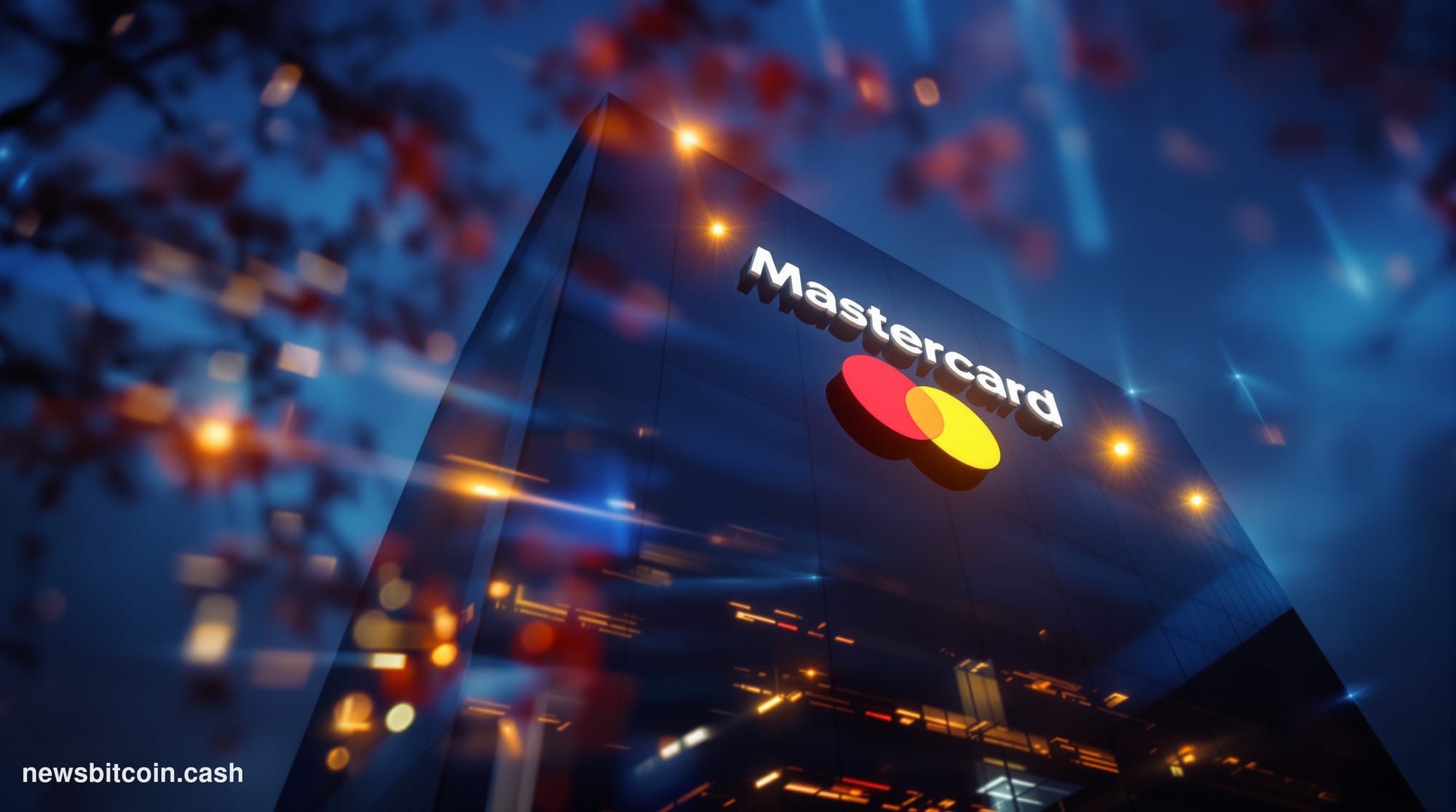 Cinematic photorealistic editorial photograph of Mastercard's corporate headquarters in Purchase, New York, shot from a low a
