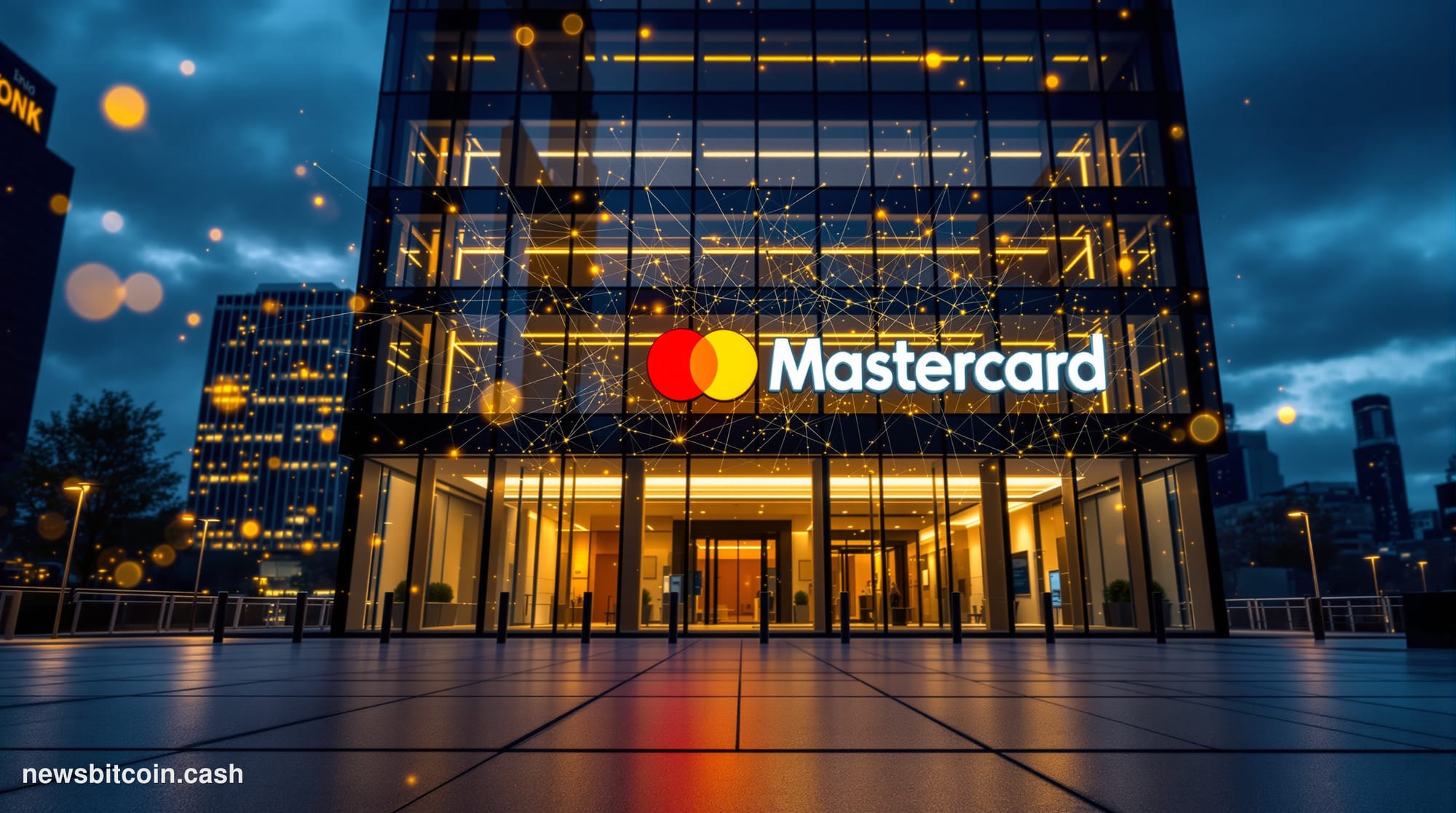 Cinematic photorealistic editorial photograph of Mastercard's Purchase, New York headquarters exterior at dusk, the iconic re