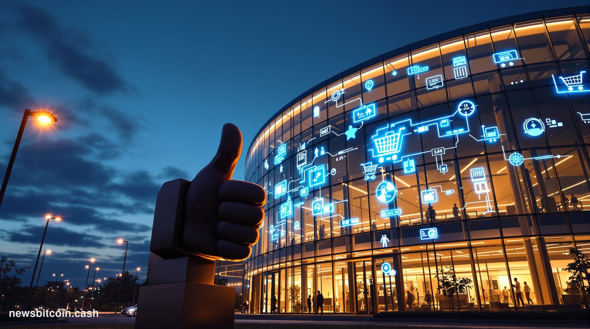Cinematic photorealistic editorial photograph of Meta's Menlo Park headquarters campus at dusk, the iconic thumbs-up sculptur