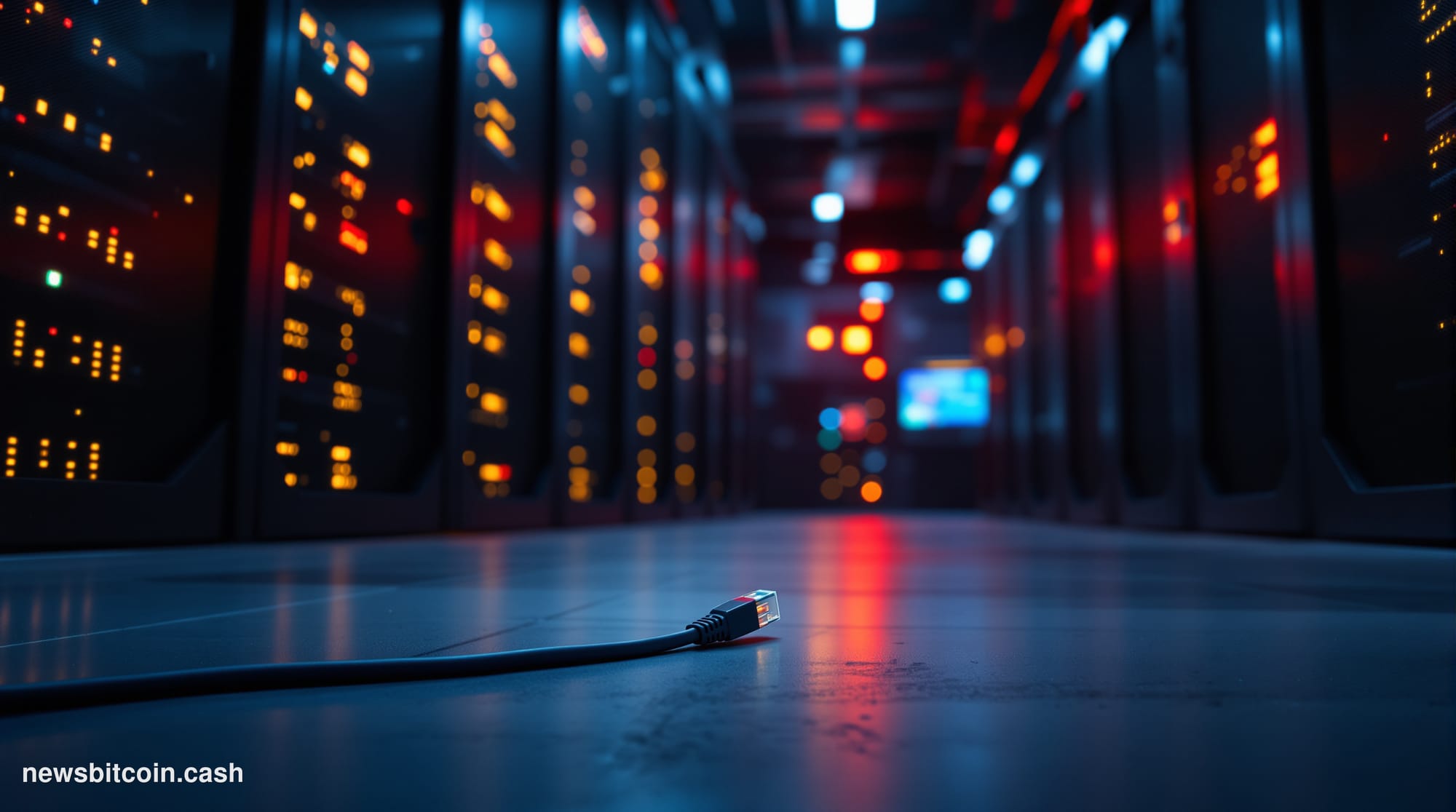 A cinematic photorealistic editorial photograph set inside a dimly lit server infrastructure facility, shot from a low angle 
