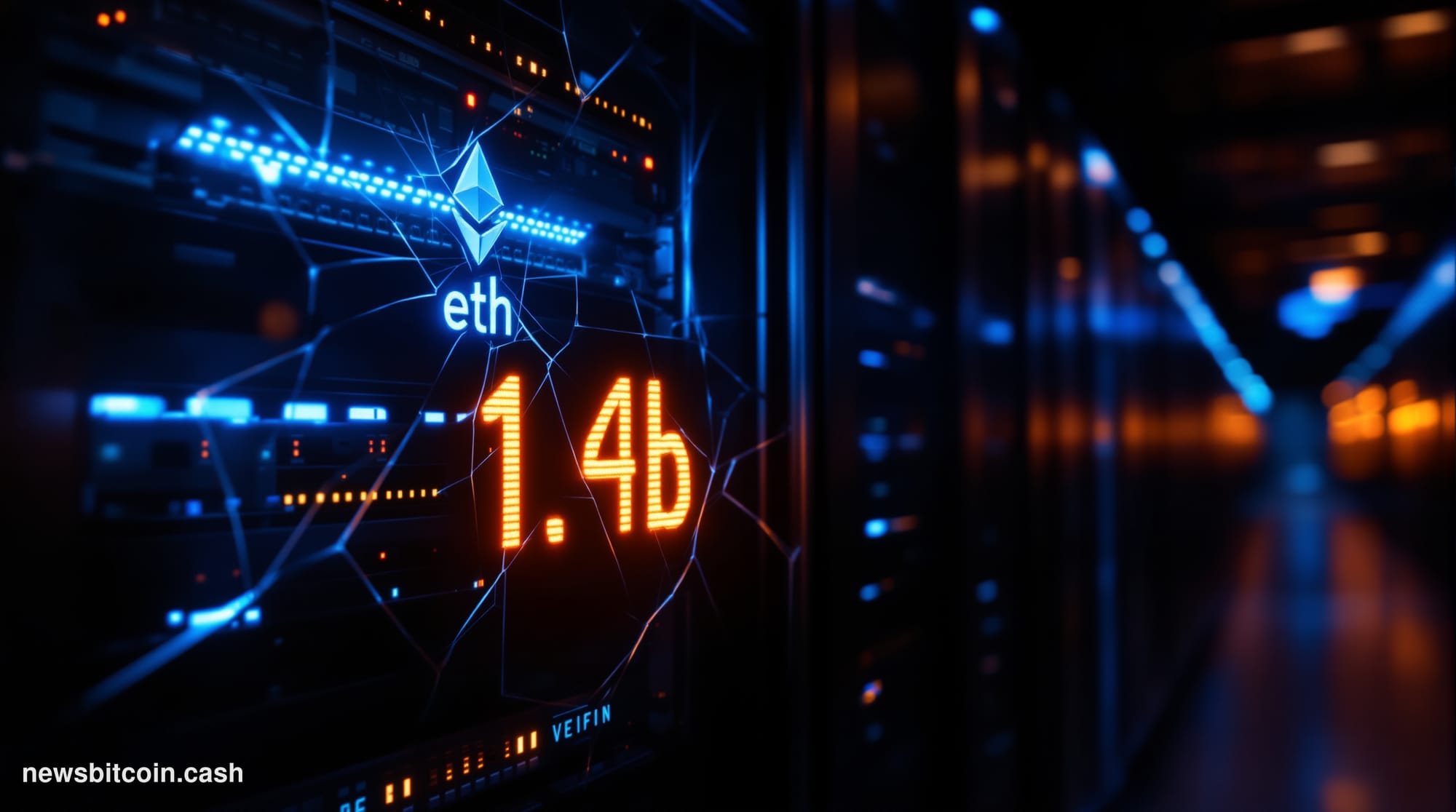 A cinematic photorealistic editorial photograph of a fractured Ethereum validator node server rack inside a darkened data cen