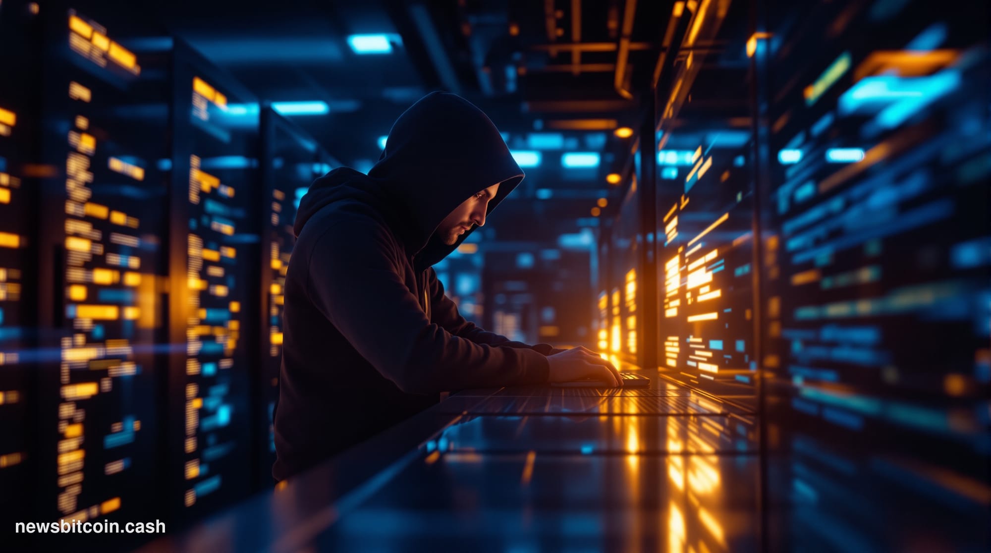 Cinematic photorealistic editorial photograph of a sleek, dimly lit server infrastructure room with dramatic blue and amber l