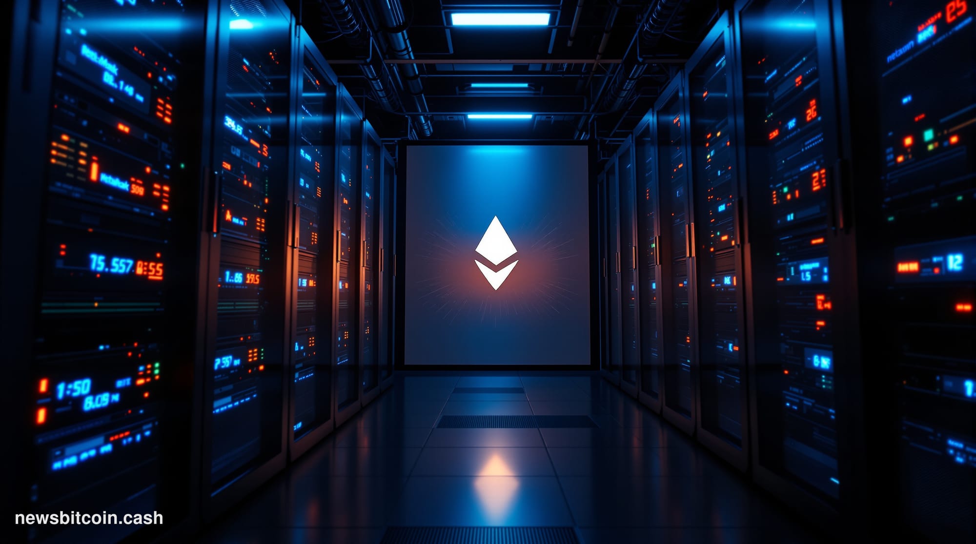 A cinematic photorealistic editorial photograph set in a dimly lit server infrastructure room, foreground dominated by rows o