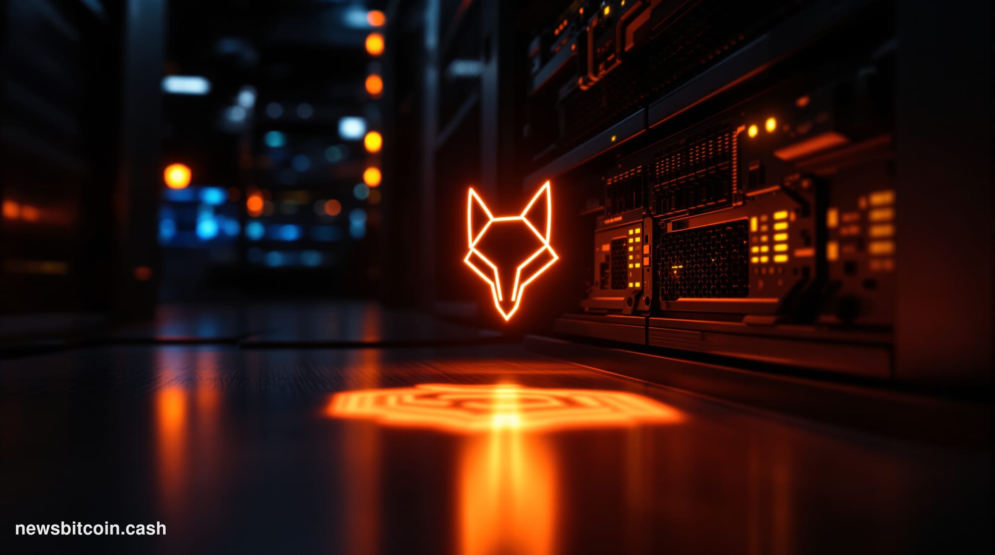 Cinematic photorealistic editorial photograph of a MetaMask-branded server infrastructure environment, shot from a low angle 