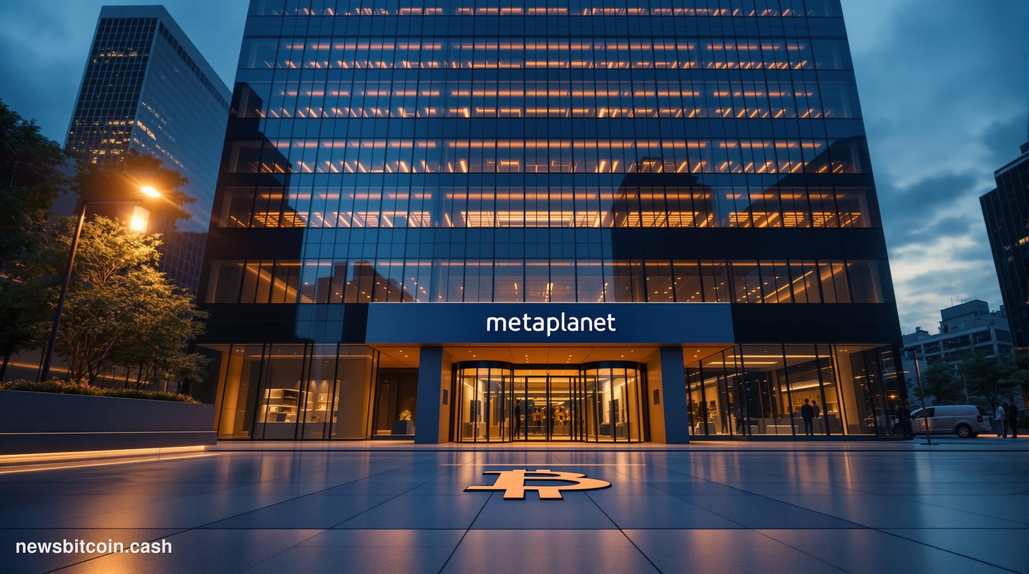 A cinematic photorealistic editorial photograph shot at ground level looking up at a sleek Tokyo corporate tower at dusk, the
