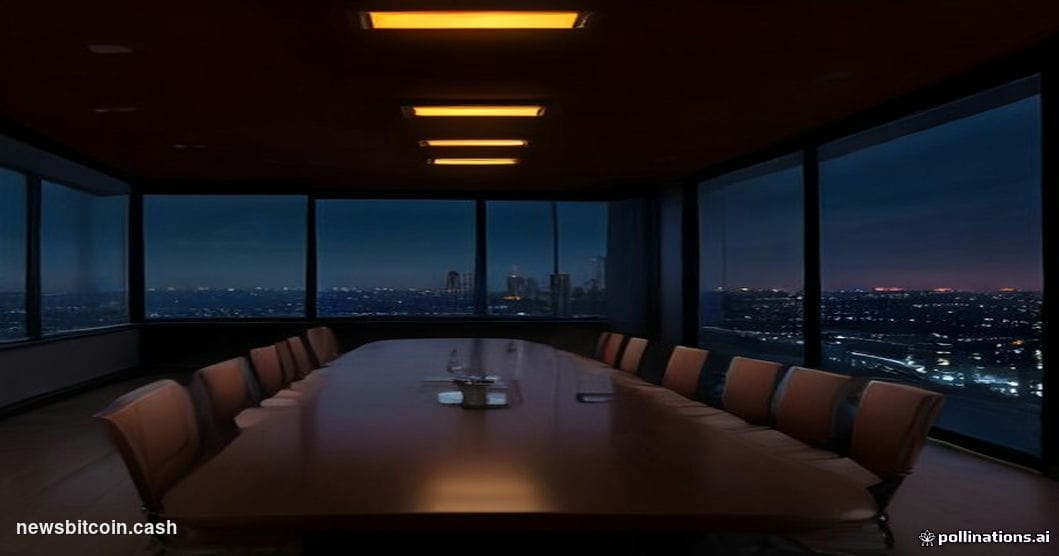 Cinematic photorealistic editorial photograph of a dramatic corporate boardroom setting bathed in deep amber and navy tones, 