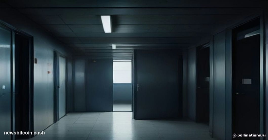 A cinematic photorealistic editorial photograph of a server room corridor bathed in cold blue light, with a heavy steel vault
