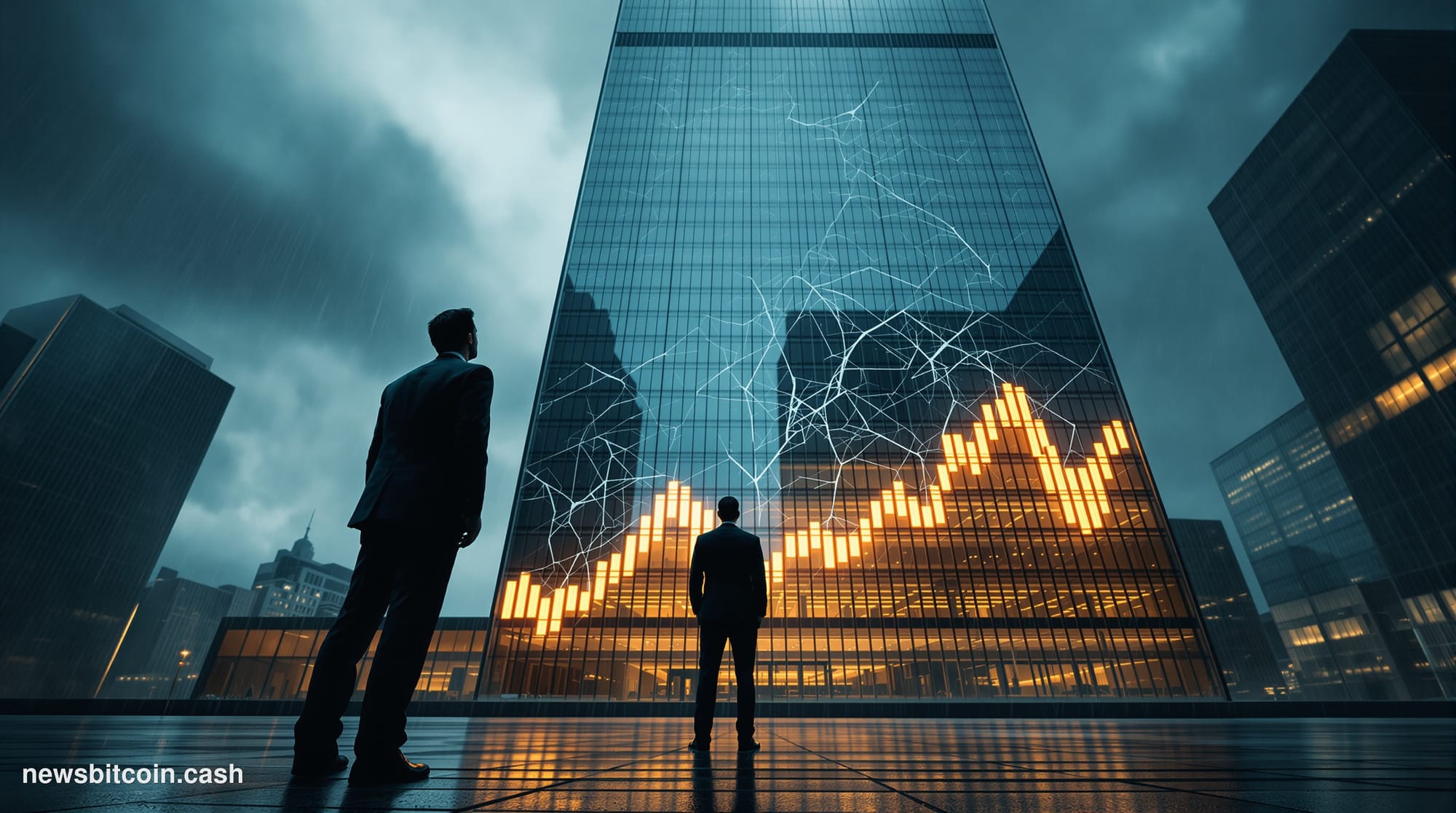Cinematic photorealistic editorial photograph of a towering glass-and-steel office building reflecting a stormy, overcast sky